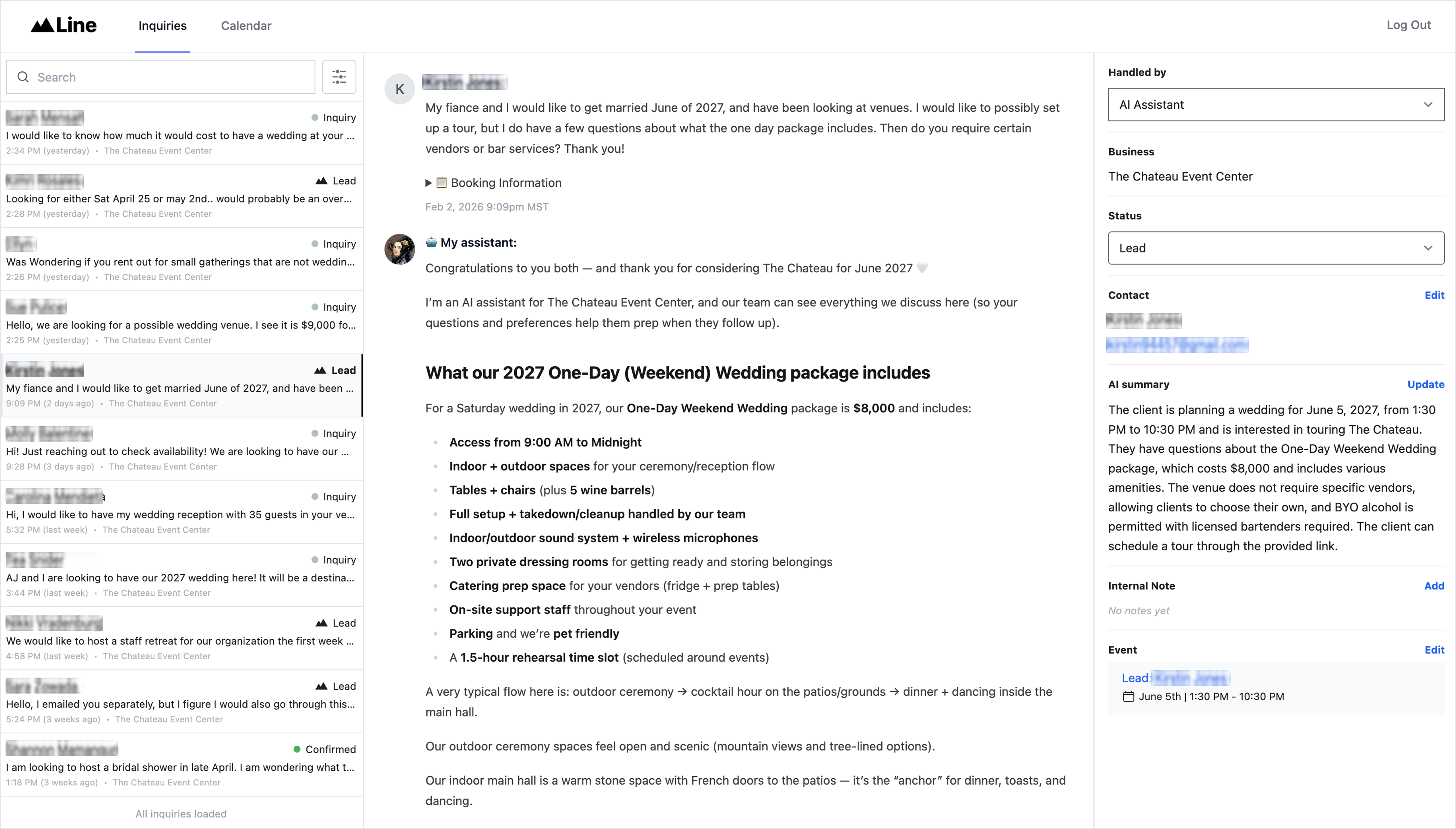 Line UI overview showing inquiry inbox and summaries