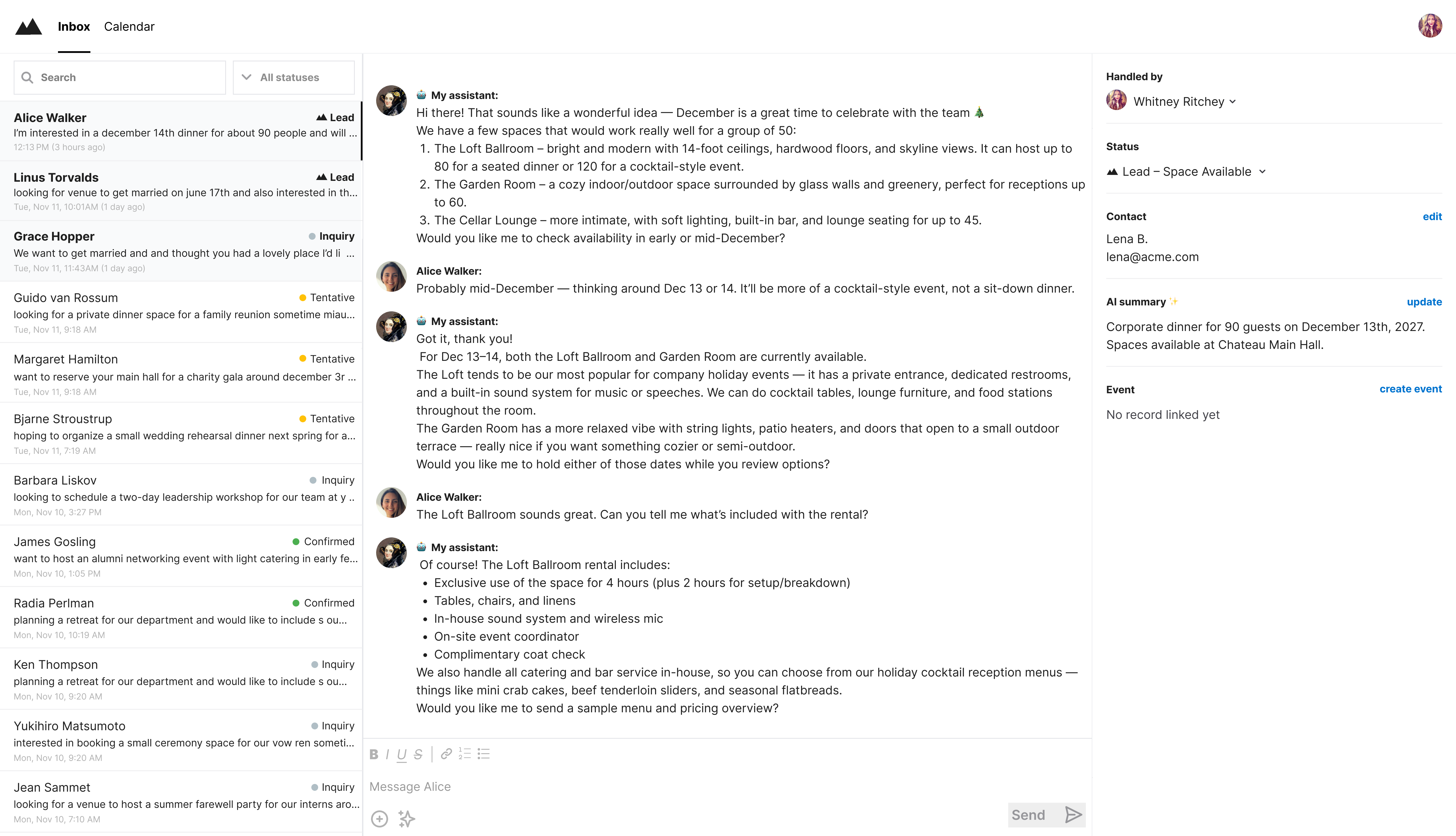 Line inbox view showing qualified leads and conversation summaries