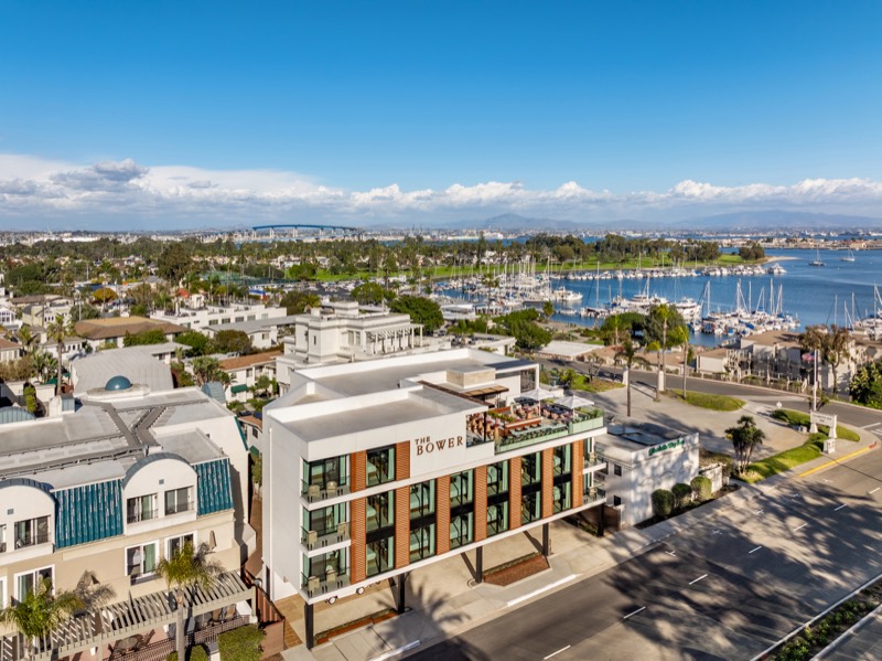 Aerial view of The Bower Coronado and the bay