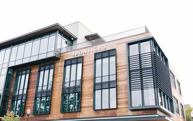 Wood and glass exterior of the Ironlight building